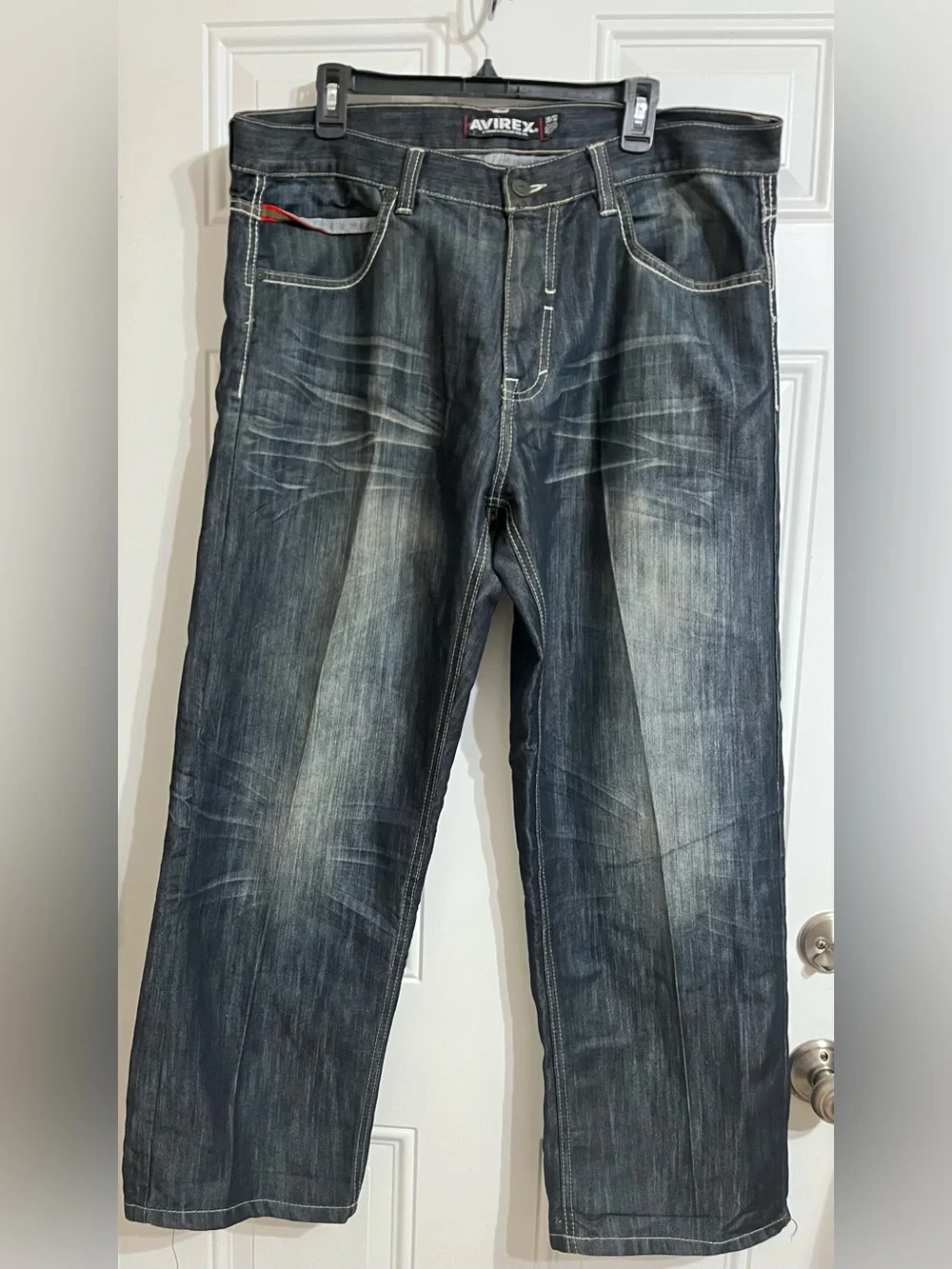 AVIREX Jeans 38x31 Blue Denim Embroidered Pocket Y2K Wide Leg Baggy Streetwear